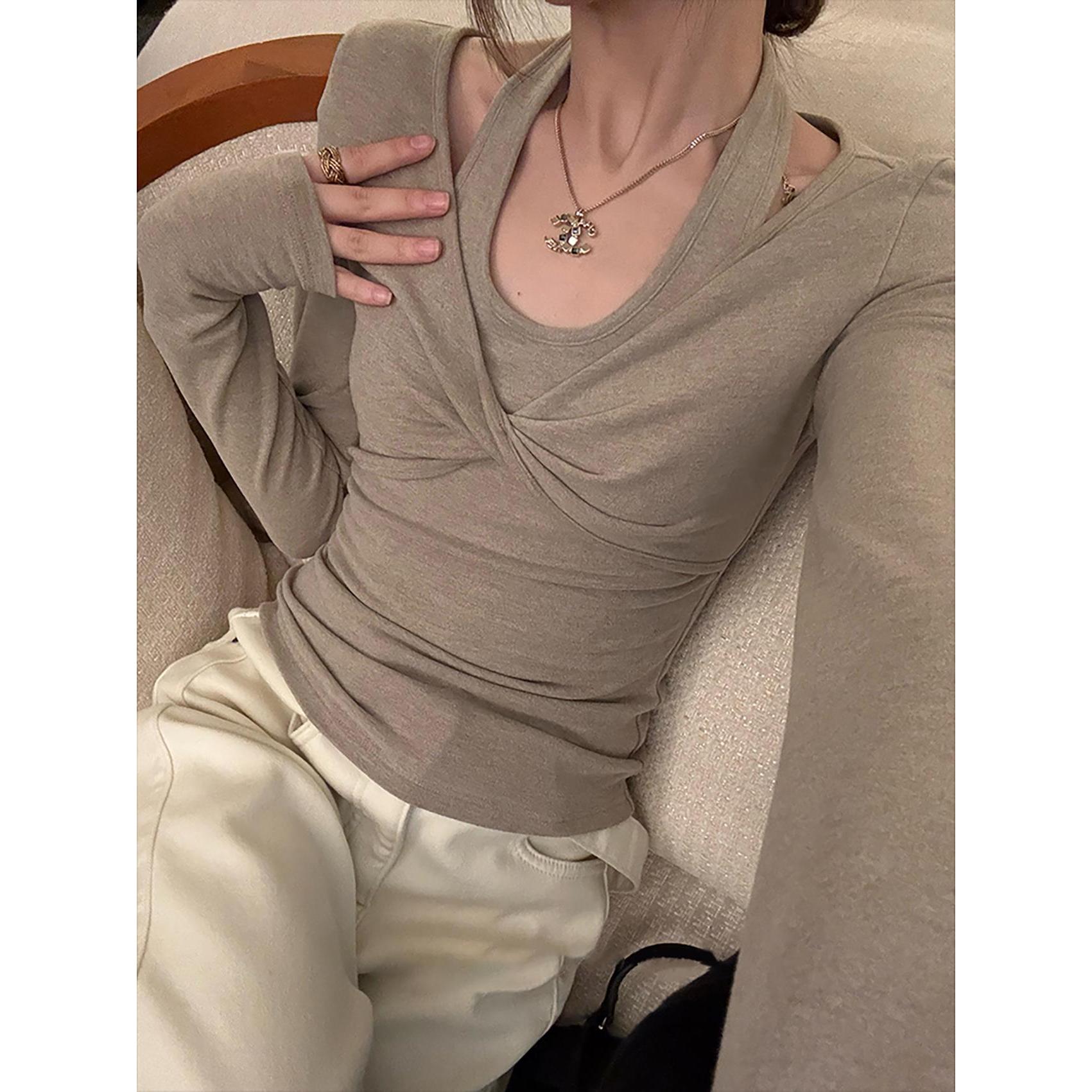 美式复古挂脖假两件长袖t恤女早秋款百搭修身纯欲辣妹打底衫