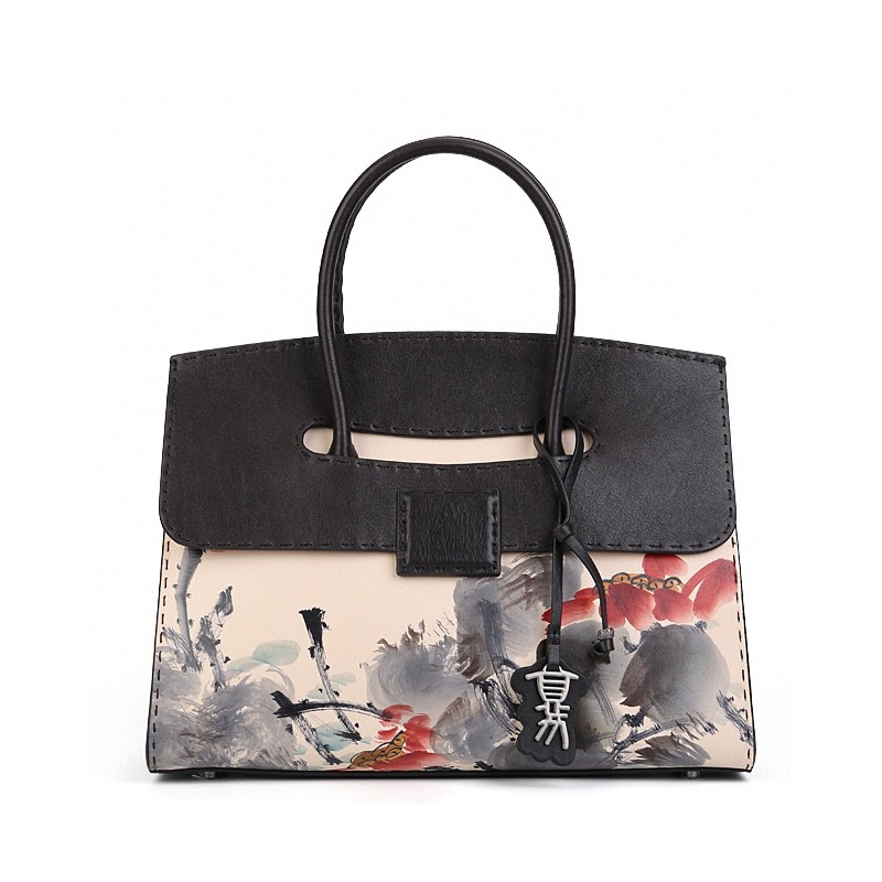 高定手工包拼色复古黑色印花牛皮拼接时尚中号女士手拎包手袋轻奢