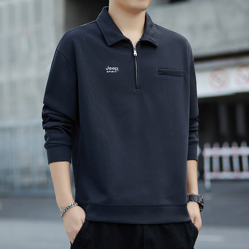 JEEPSPIRIT吉普长袖翻领开衫款男士polo领卫衣秋装男士套头打底衫
