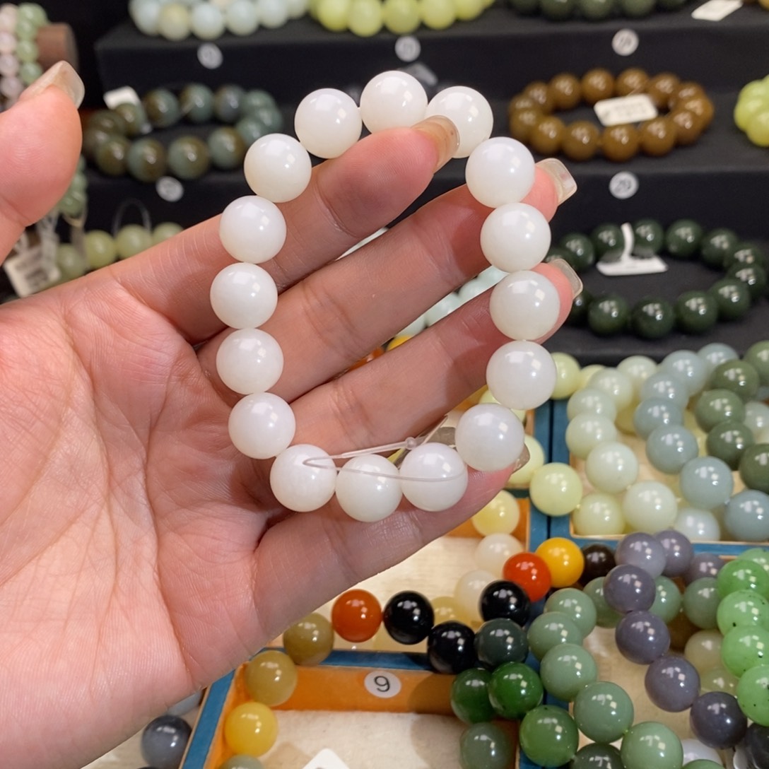 和田玉手链 12MM未镶嵌白玉