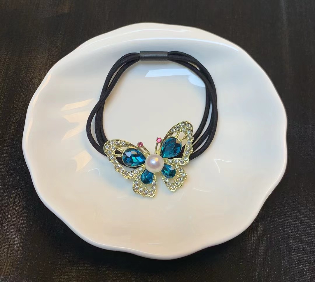 773 蓝色大蝴蝶珍珠头绳 天然淡水馒头珍珠