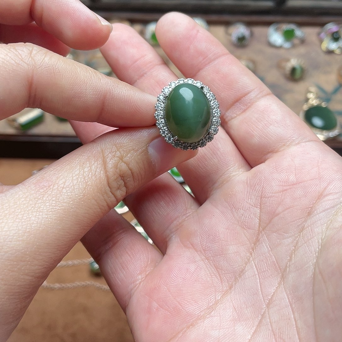 和田玉（碧玉）银S925镶嵌颈饰戒指