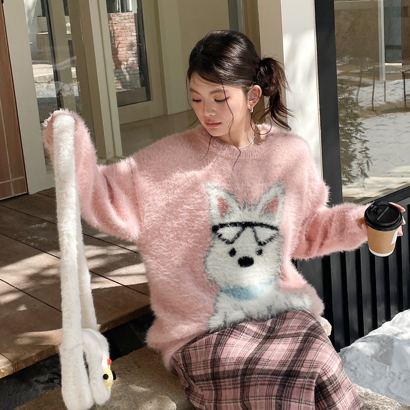 大码高级感超好看软糯粉色毛衣女秋冬慵懒风可爱小狗针织衫上衣
