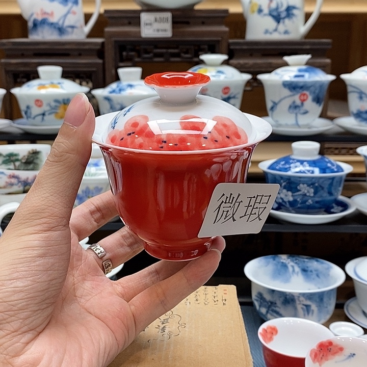 手绘一物一拍龙船花盖碗cc釉下彩微瑕福利款