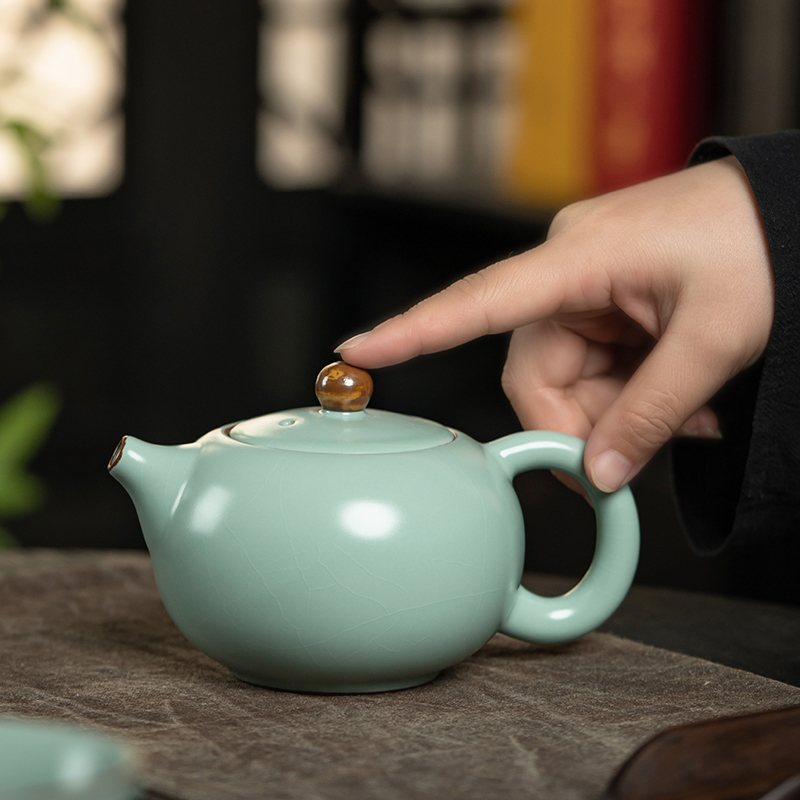 弘茗道 铁胎汝窑豆绿色大容量西施壶 开片可养家用泡茶壶天青色