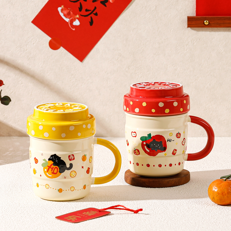 可爱带盖苹果猫咪陶瓷杯创意高颜值办公室情侣马克杯男女生日礼物