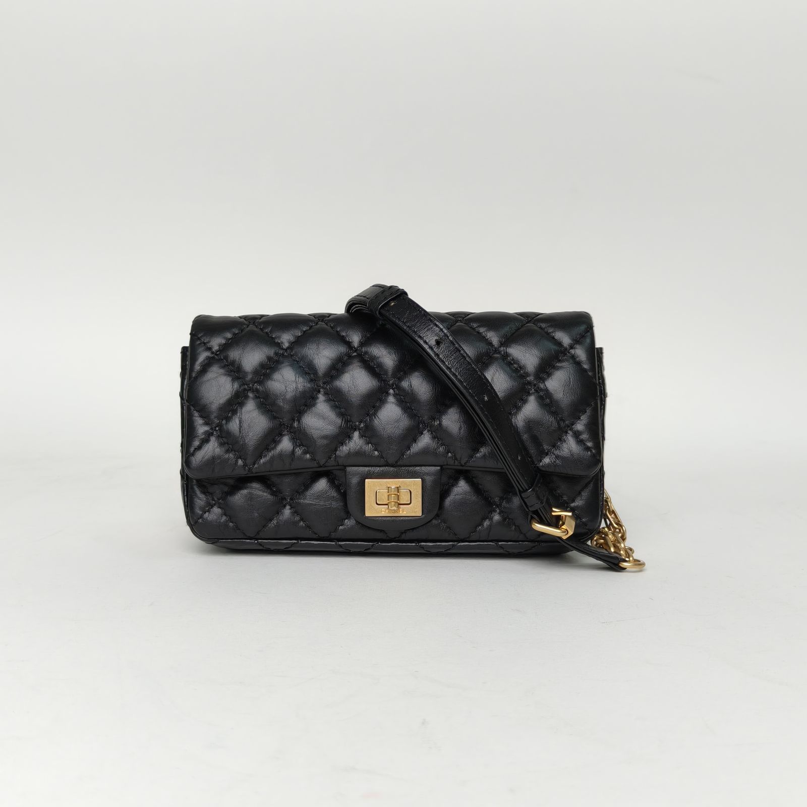 99新 Chanel/香奈儿 小花柳 2.55 腰包 皮革C 27开 金扣 黑色
