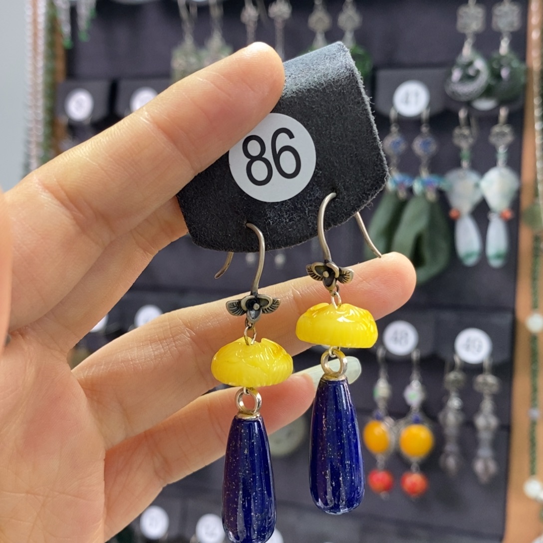 口***眷青金石银S925镶嵌耳饰X16