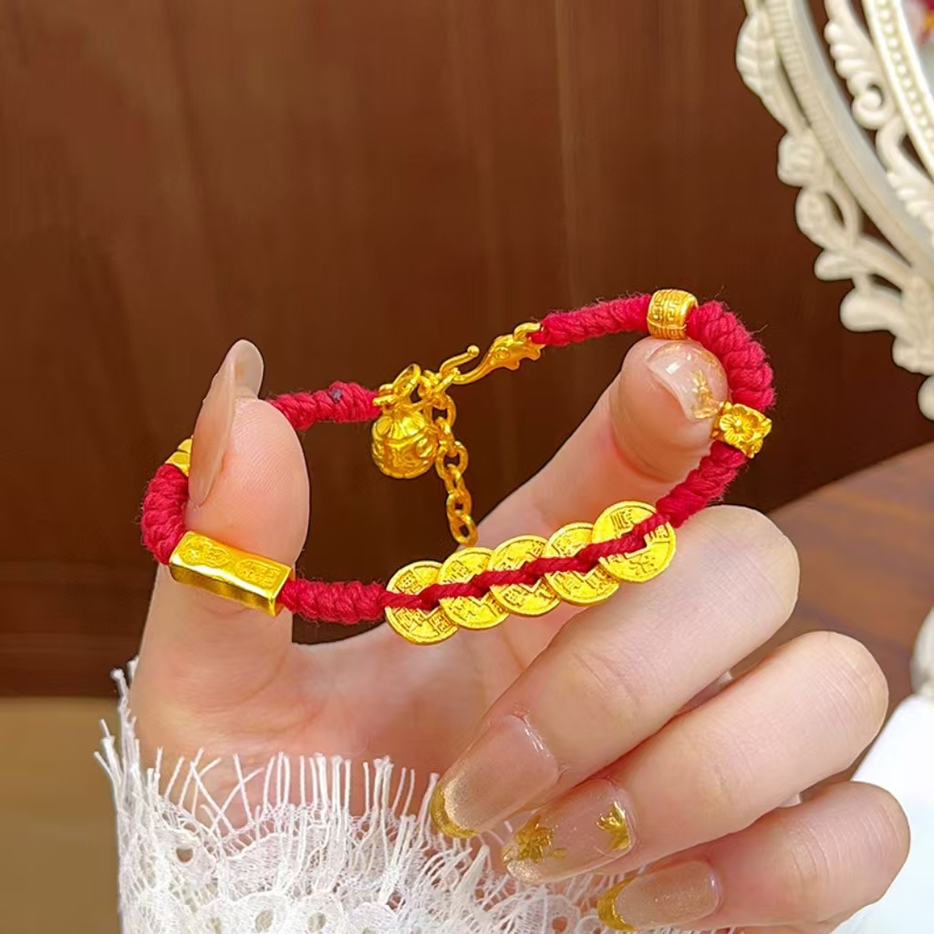 铜合金布艺手链 五帝钱本命年手工编织铜镀K金红绳手链手绳24层