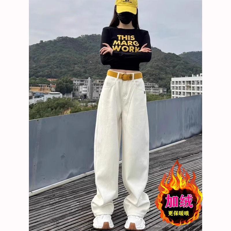 2025年秋冬加绒米白色美式弯刀牛仔裤女高腰宽松遮跨胖妹妹阔腿裤