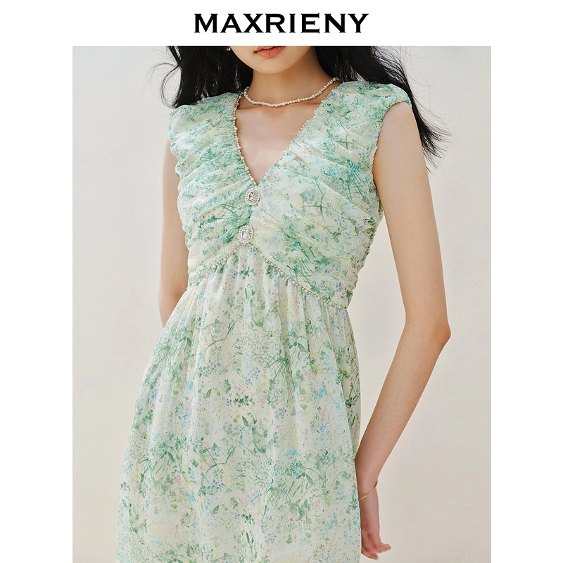 MAXRIENY浪漫度假风印花连衣裙仙美悠闲感v领茶歇裙【绿野仙踪】