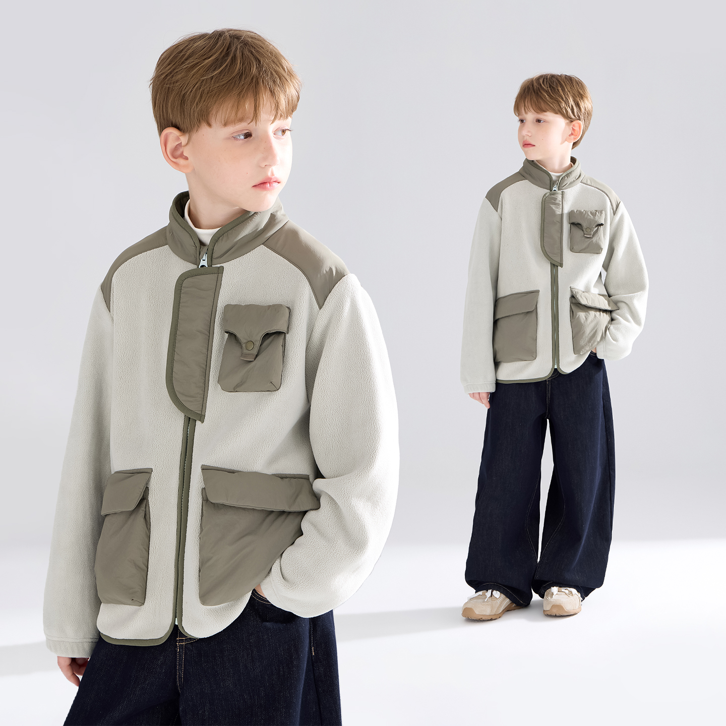 MUCMUKN  拼接撞色5A抗菌双面摇粒绒外套男女童冬新款M54ZW5625