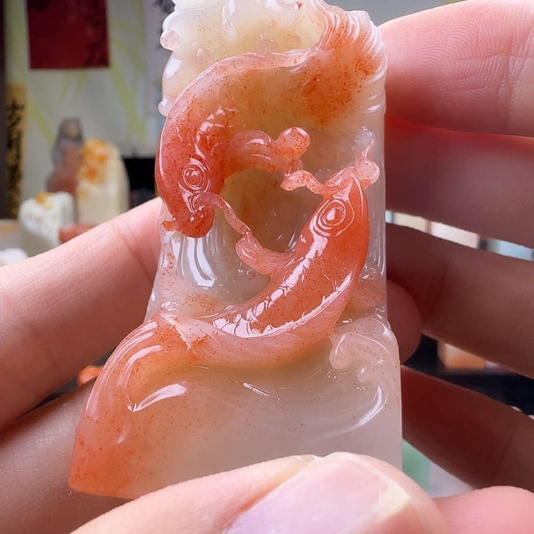 独***！老挝石手工印章双锦鲤好运加持
