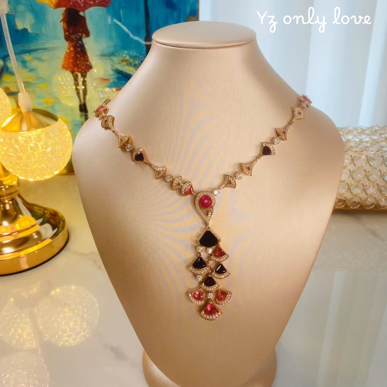 铜合金锆石项链 D050《彩扇》欧美瑞丽奢华多彩色扇子项链