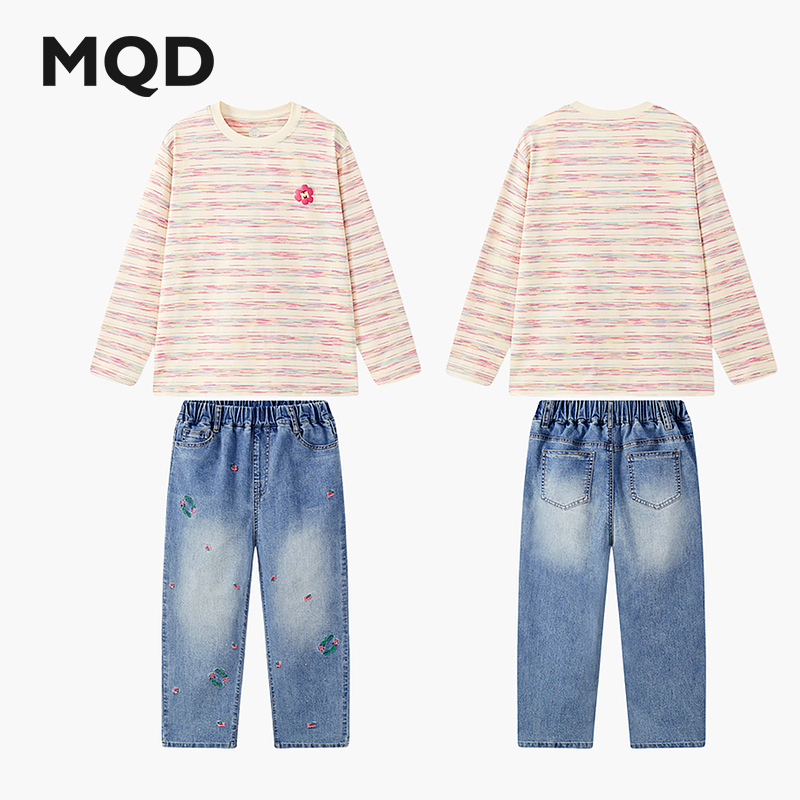 MQD女童25秋新款街潮学院条纹趣味花朵印花亲肤长袖套装TCW0327B