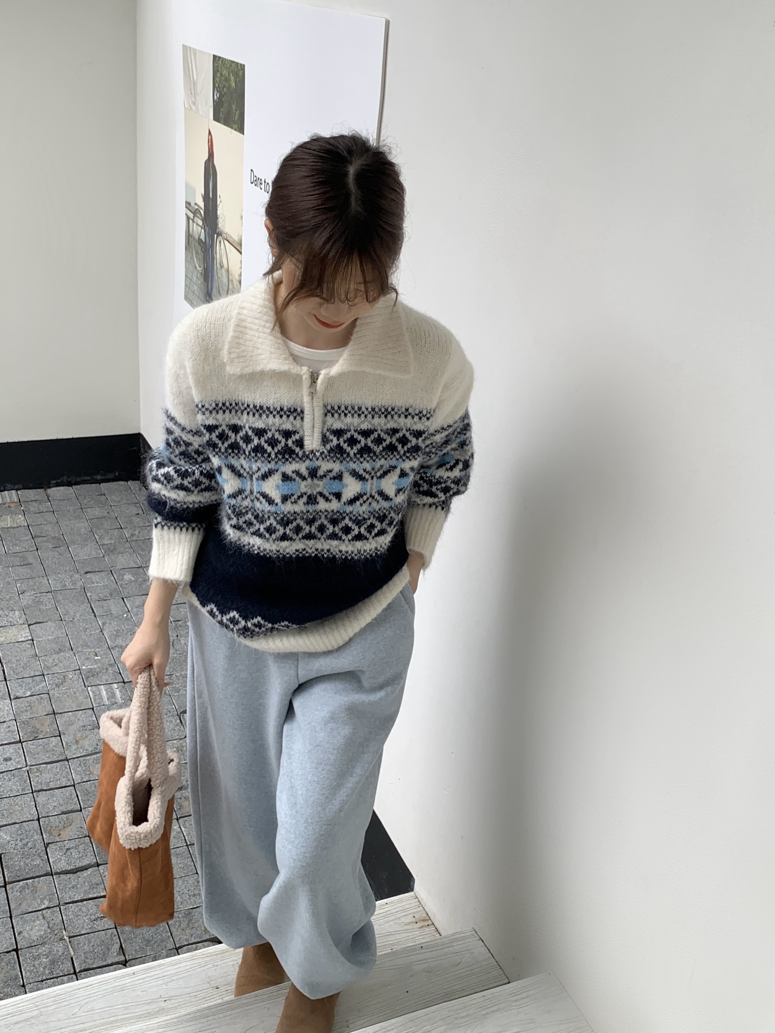 1838费尔岛翻领软糯毛衣女秋冬天宽松休闲韩系慵懒风松弛感上衣