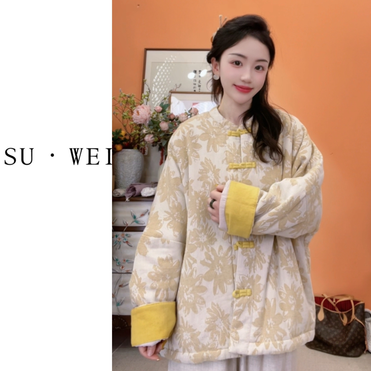 9178新中式国风盘扣印花长袖厚款冬季保暖立领棉花棉袄外套