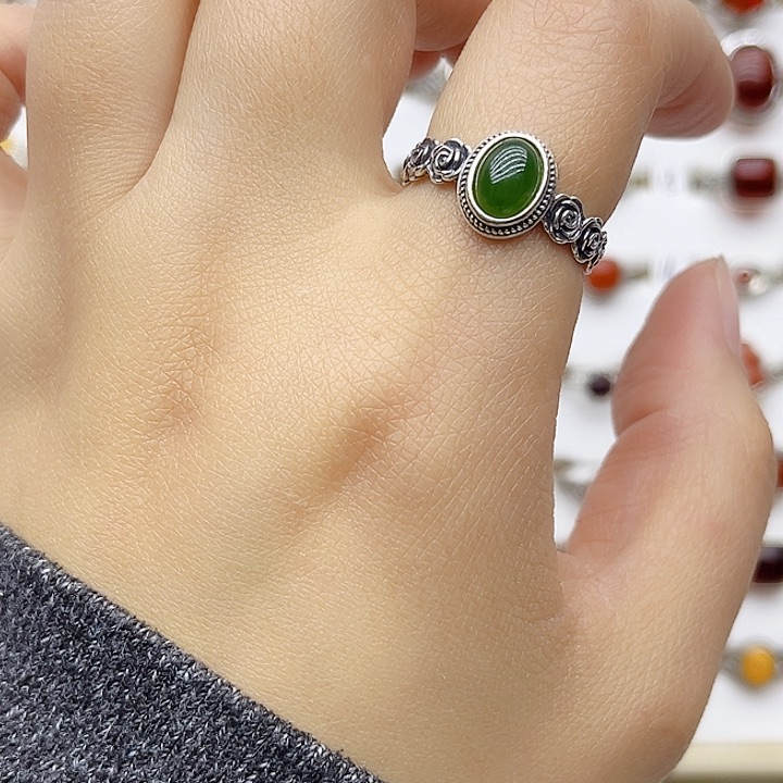 和田玉戒指银S925镶嵌天然