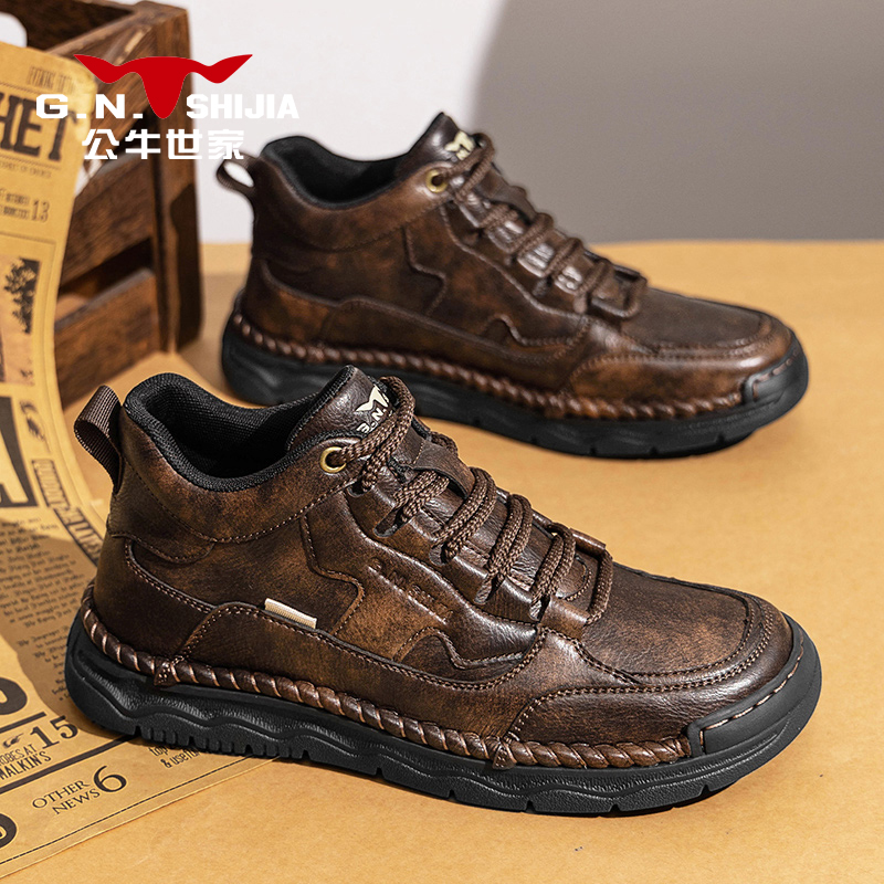 公牛世家英伦风中帮马丁靴软底软面百搭男士潮鞋厚底增高时尚男靴