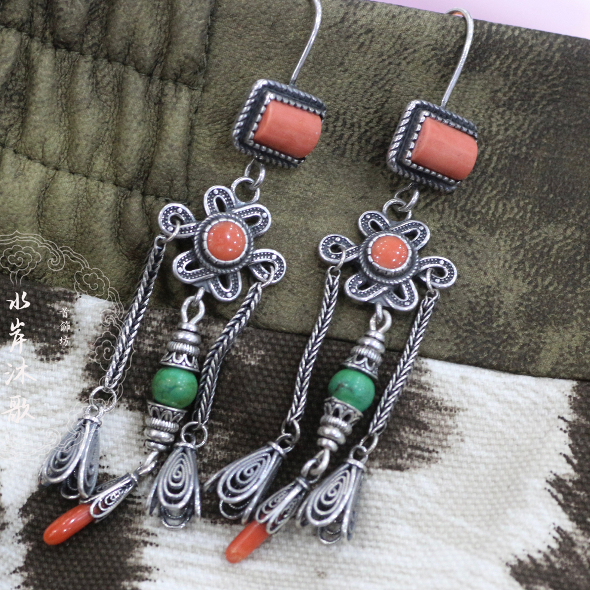 足银耳饰 天然旭日乌尤蒙古元素手工纯银耳饰耳坠耳环750