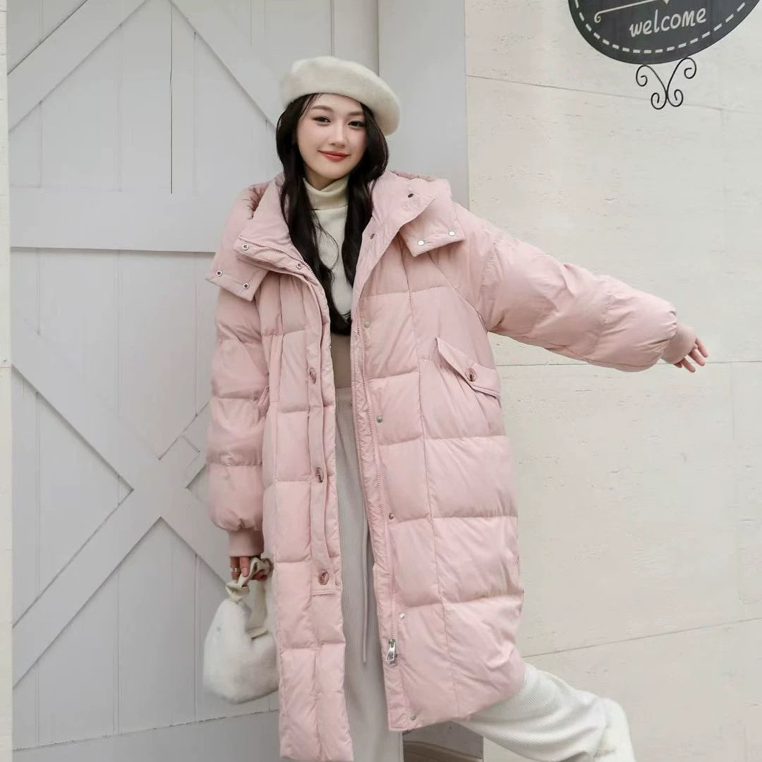 韩版宽松连帽中长款白鸭绒加厚显瘦保暖过膝女慵懒时尚