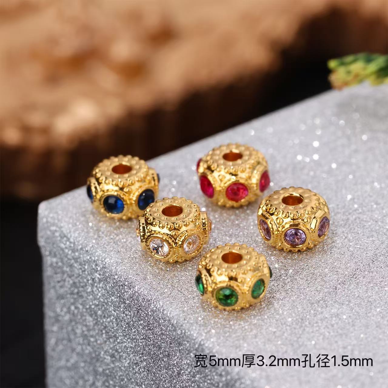 【来福工厂】18k金豪镶5mm蜻蜓眼鼓珠桶珠DIY珠串万向轴弟子珠配饰