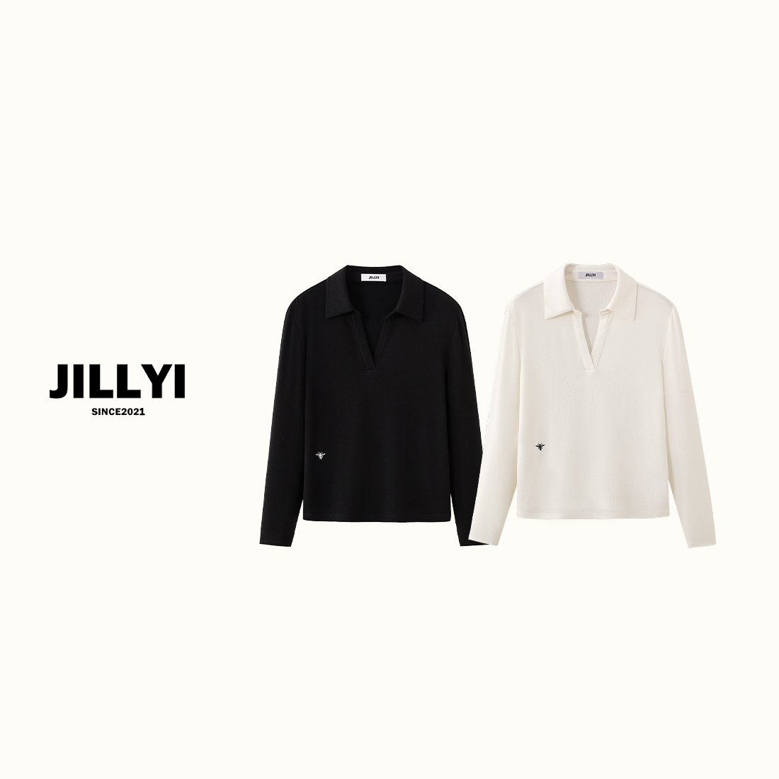 JILLYI【柔软时光】黑白两色浅V领领口鱼丝线细节百搭T恤