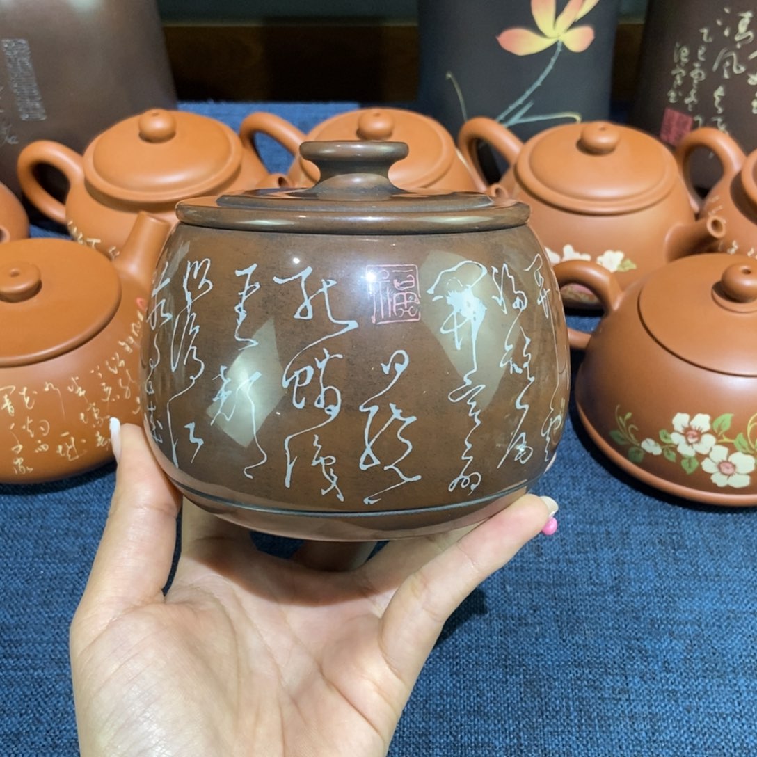 6建水紫陶手工彩填水亮醒茶罐
