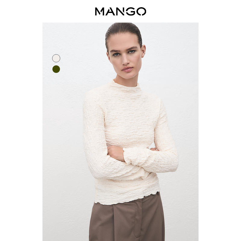 MANGO女装T恤2025冬装新款小众设计时尚百搭绉纱波浪领长袖T恤