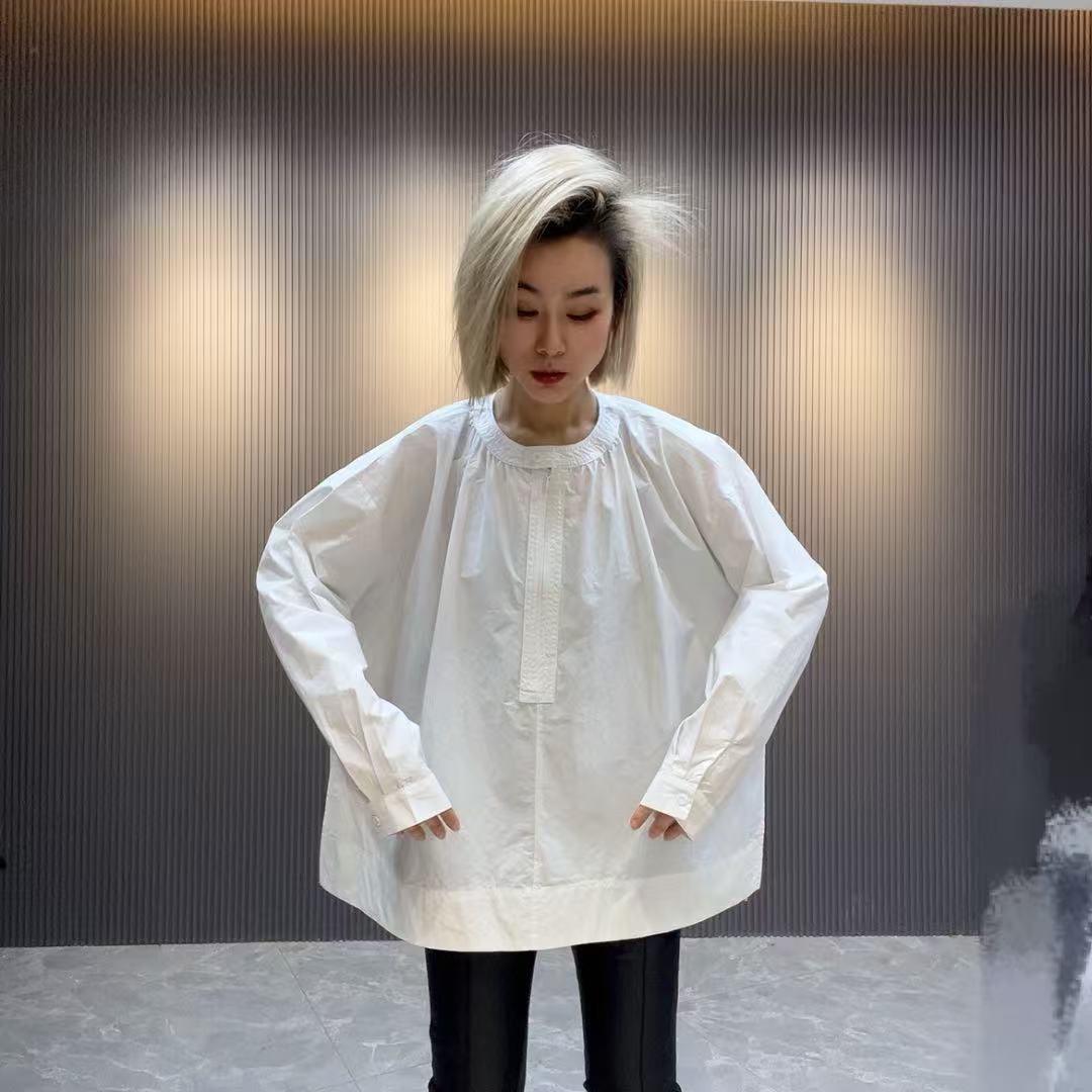 2506#韩系圆领半套头拉链衬衣大版上衣气质休闲百搭宽松长袖简约