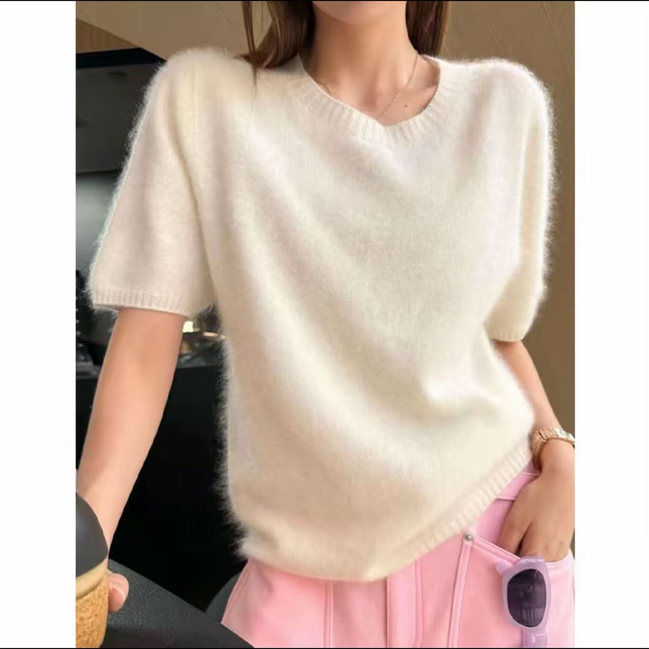 【云朵】羊毛羊绒短袖针织衫女秋冬纯色圆领套头打底半袖~9801