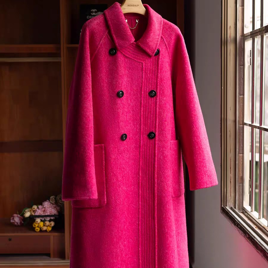 玫粉色双面羊毛大衣女秋冬2025新款独特超好看气质长款毛呢厚外套