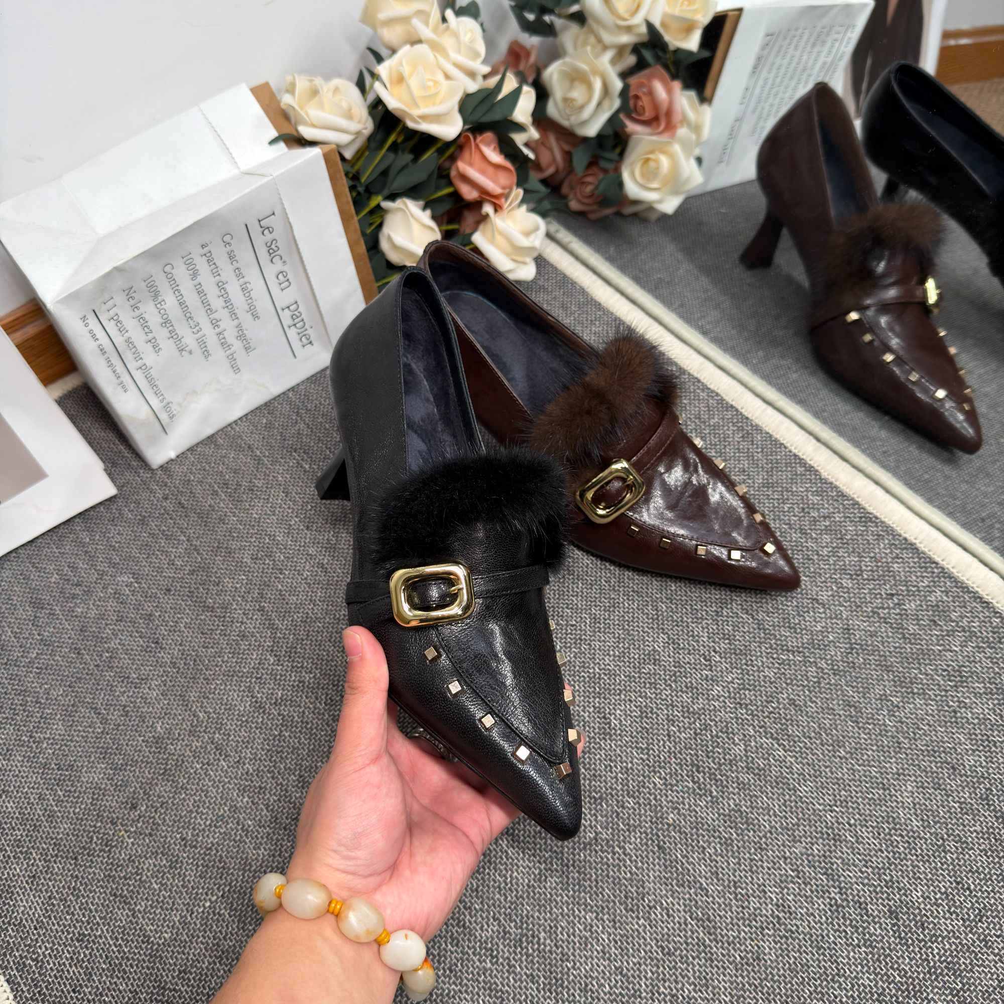 【铆钉款】SLM/牛皮/6CM/33-40/冬真皮尖头高跟百搭貂毛女鞋