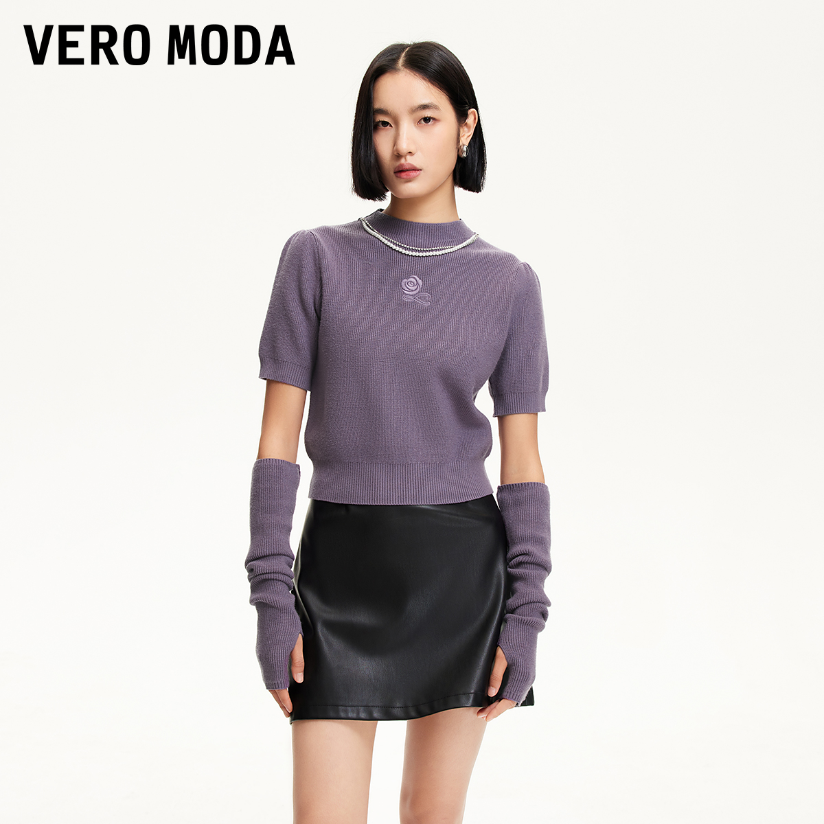 Vero Moda针织衫26春季新款花朵刺绣可拆链条袖套针织衫326113009