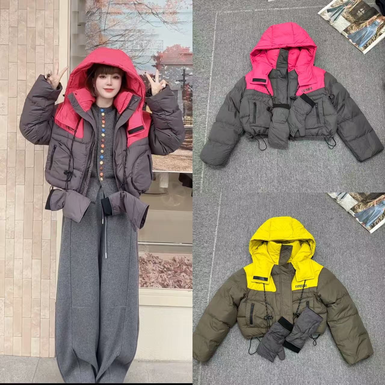 欧货韩版连帽拼色羽绒服白鸭绒配手套加厚短款撞色面包服外套