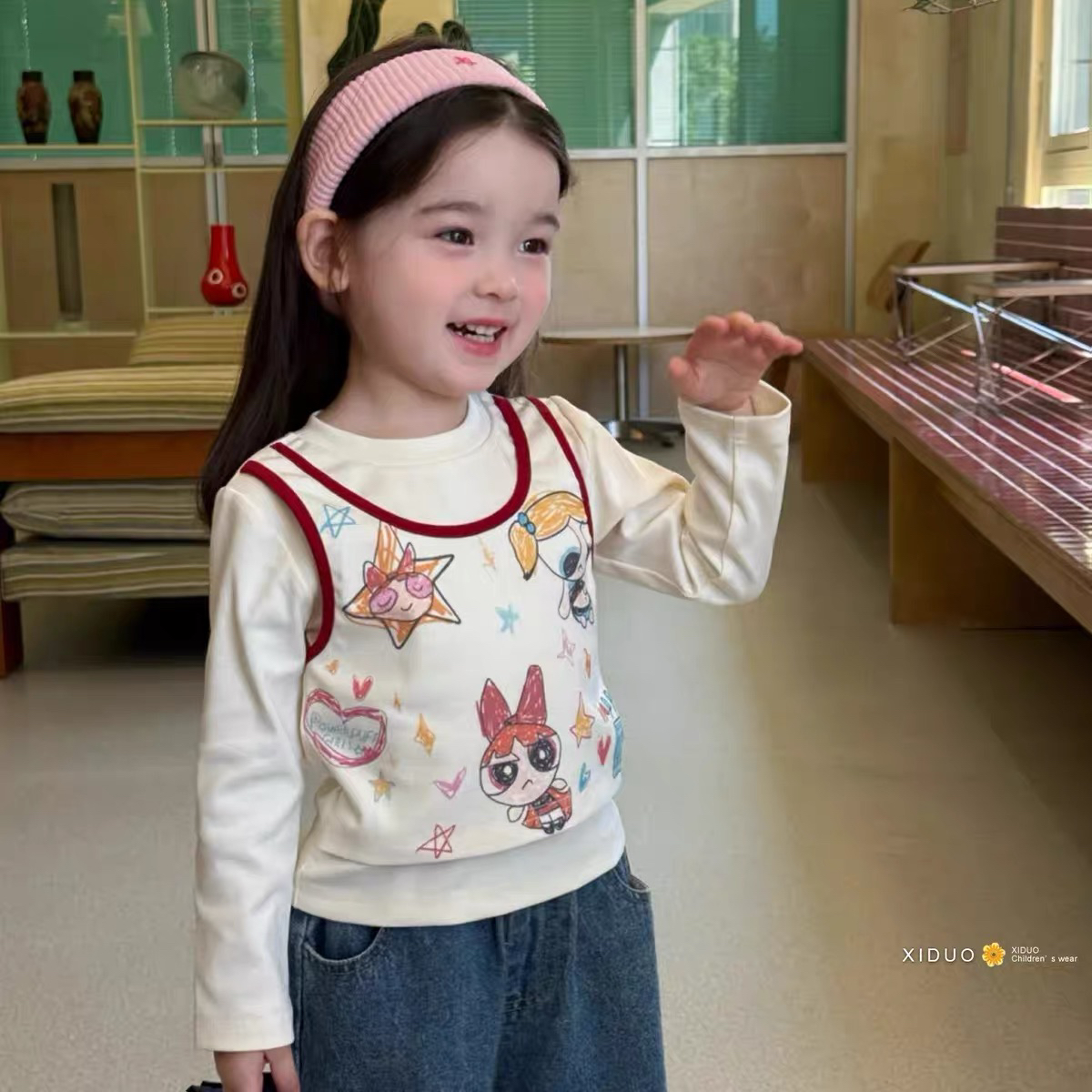 女童长袖T恤秋季新款童童装涂鸦2025韩系女童卡通可爱假两件上衣