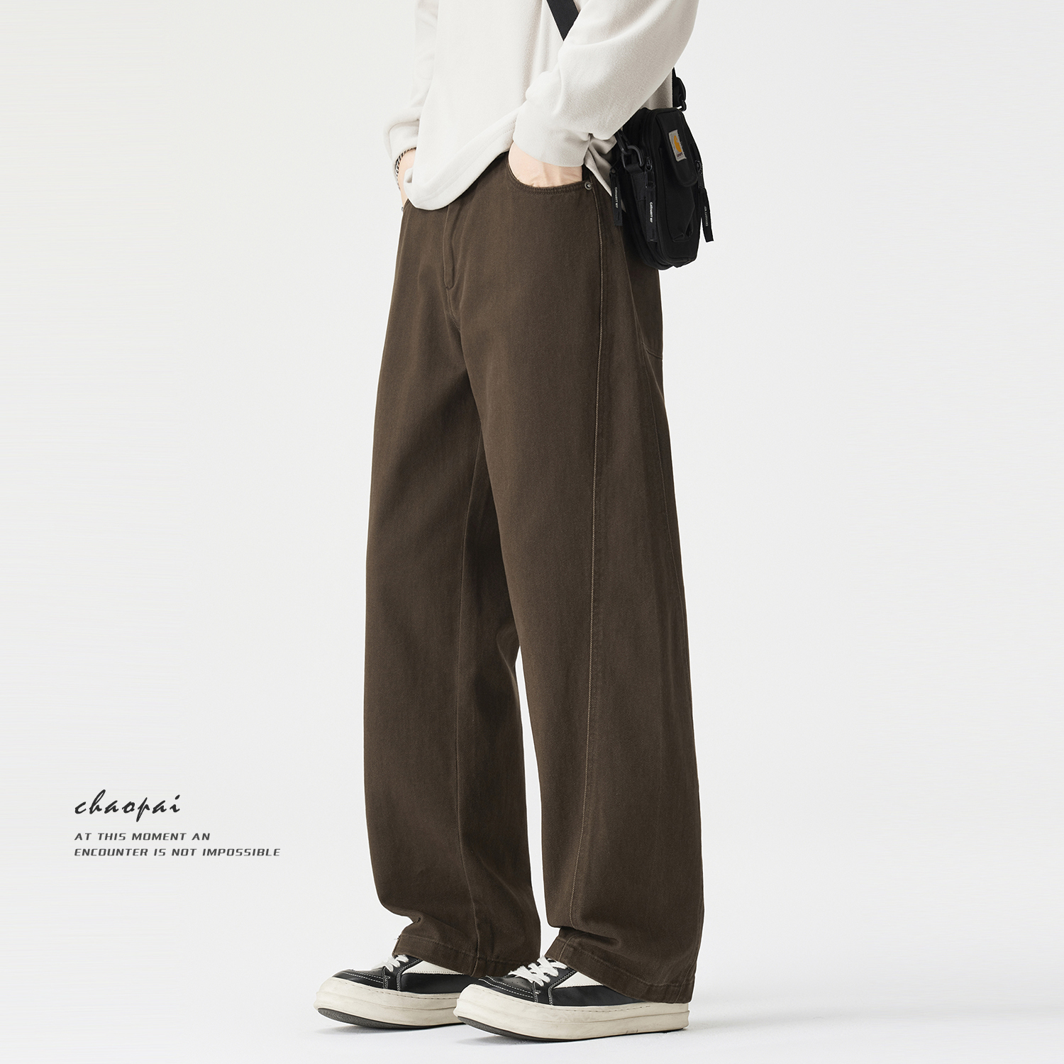 美式复古休闲裤男2025秋冬新款宽松阔腿裤子咖色纯棉拼接直筒长裤