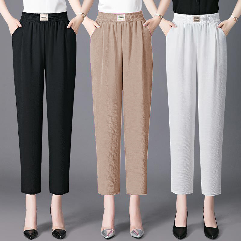 冰丝麻哈伦裤女夏季薄款松紧高腰显瘦妈妈裤子女裤宽松大码九分裤