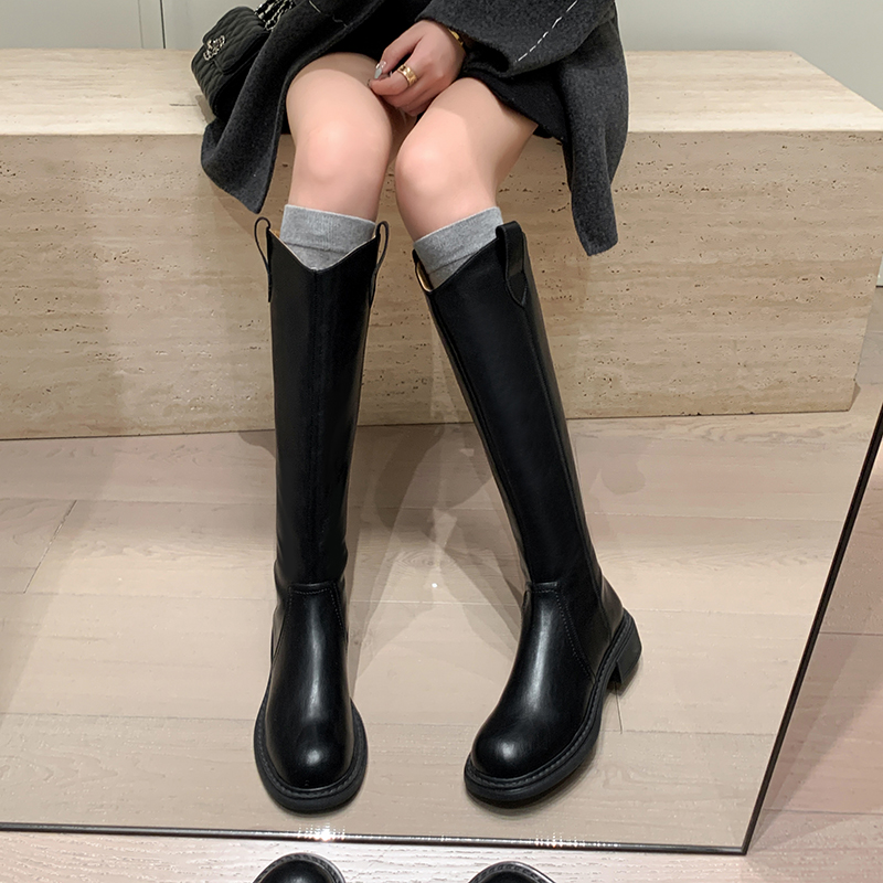 3.5CM 牛皮圆头平底高筒靴女不过膝长靴百搭真皮V口显瘦骑士单靴