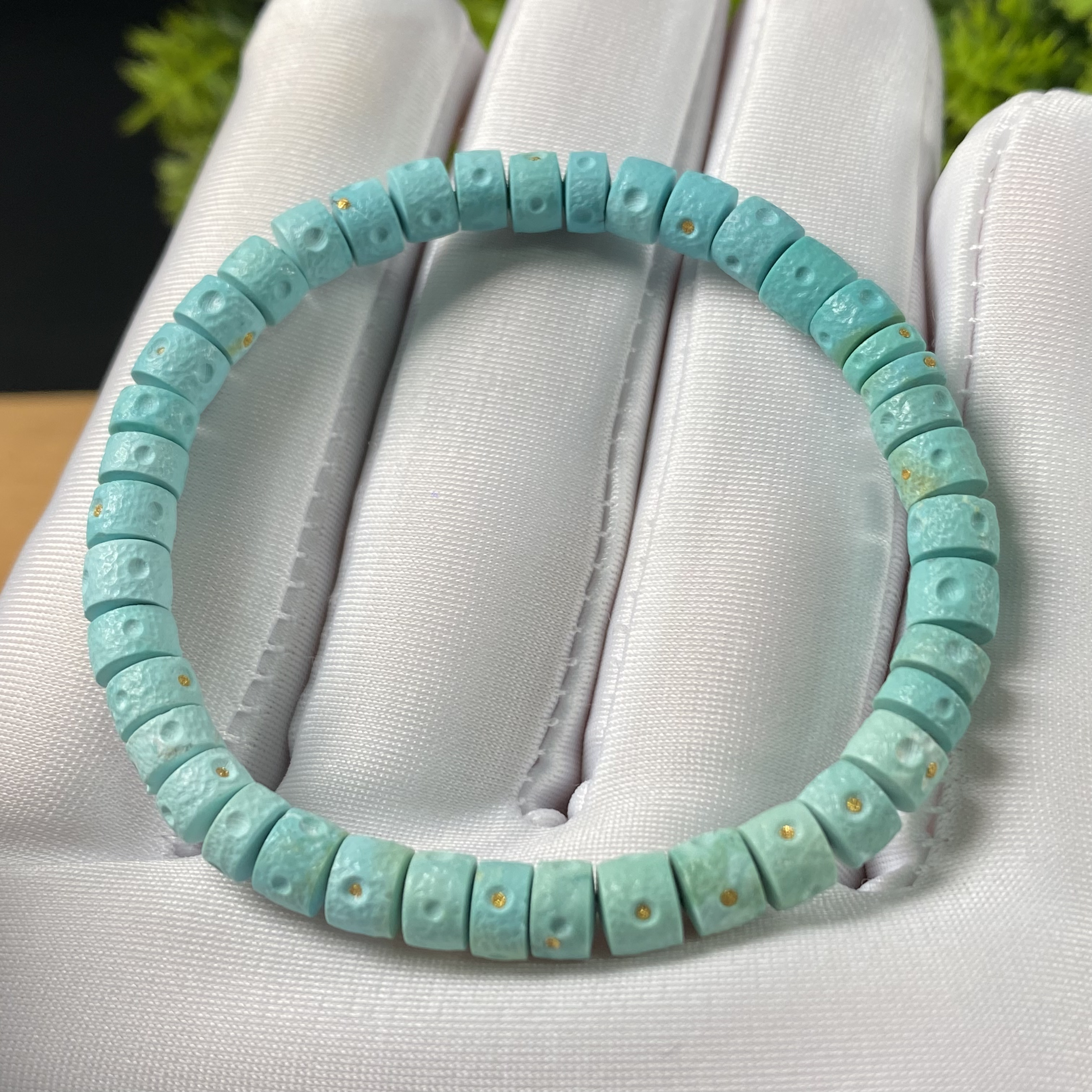 原矿绿松石星球直切手串 直径5.5mm，重8.35g，圈围14cm