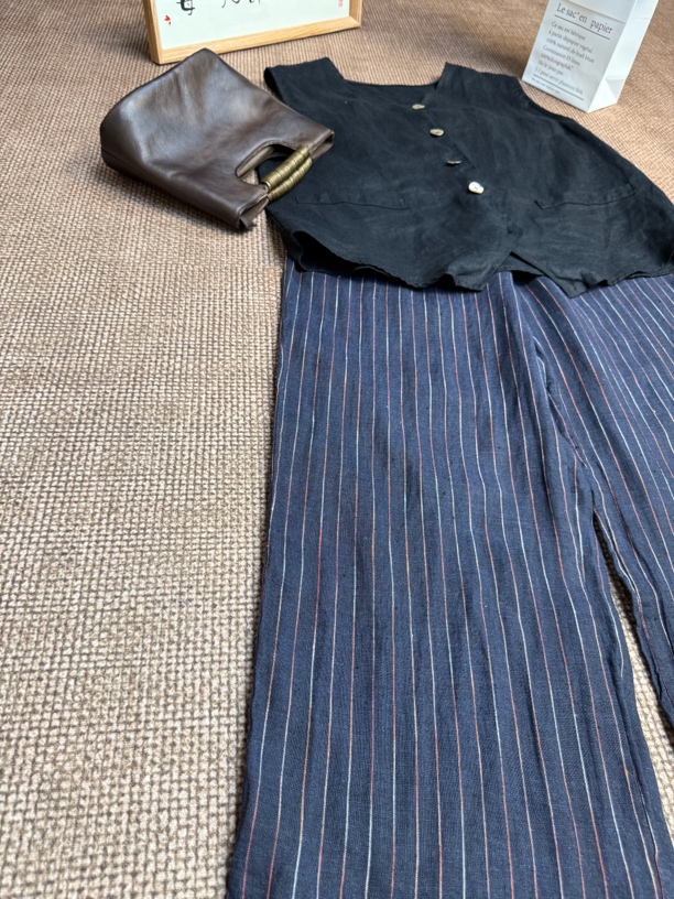 珊禾 亚麻条纹长裤春秋