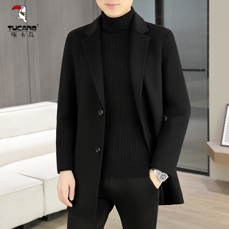 啄木鸟高端双面呢大衣男士中长款羊毛西服外套休闲羊绒毛呢子风衣