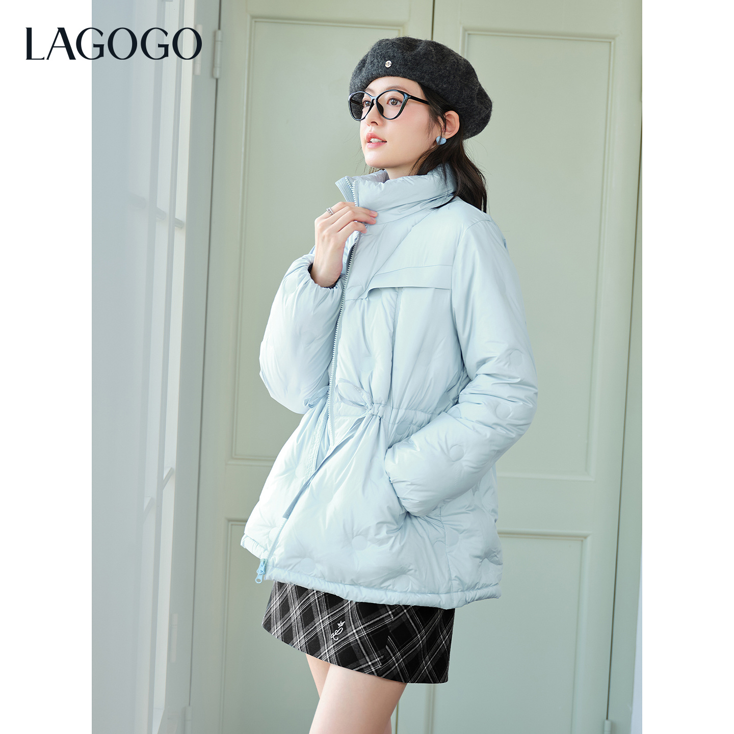 【芋总专属】lagogo拉谷谷新款立体压花系带浅蓝羽绒服女OCYY339G37