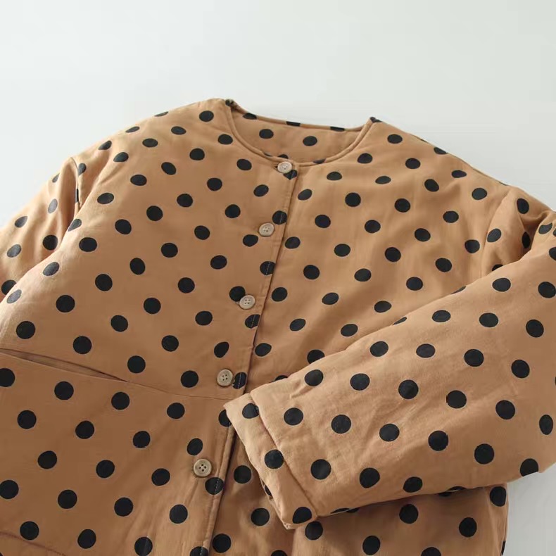 日系复古文艺风亚麻圆领波点印花衔缝夹棉保暖棉衣宽松外套冬季