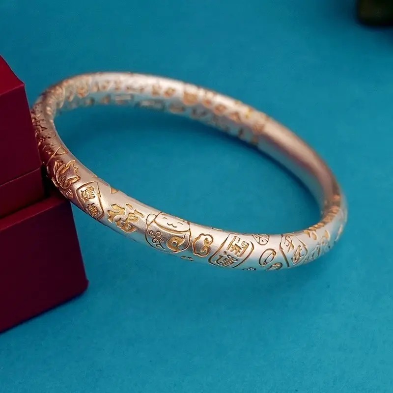 足银手镯 T39足银999.9 描金招财猫大小吉言闭口手镯时尚民族风