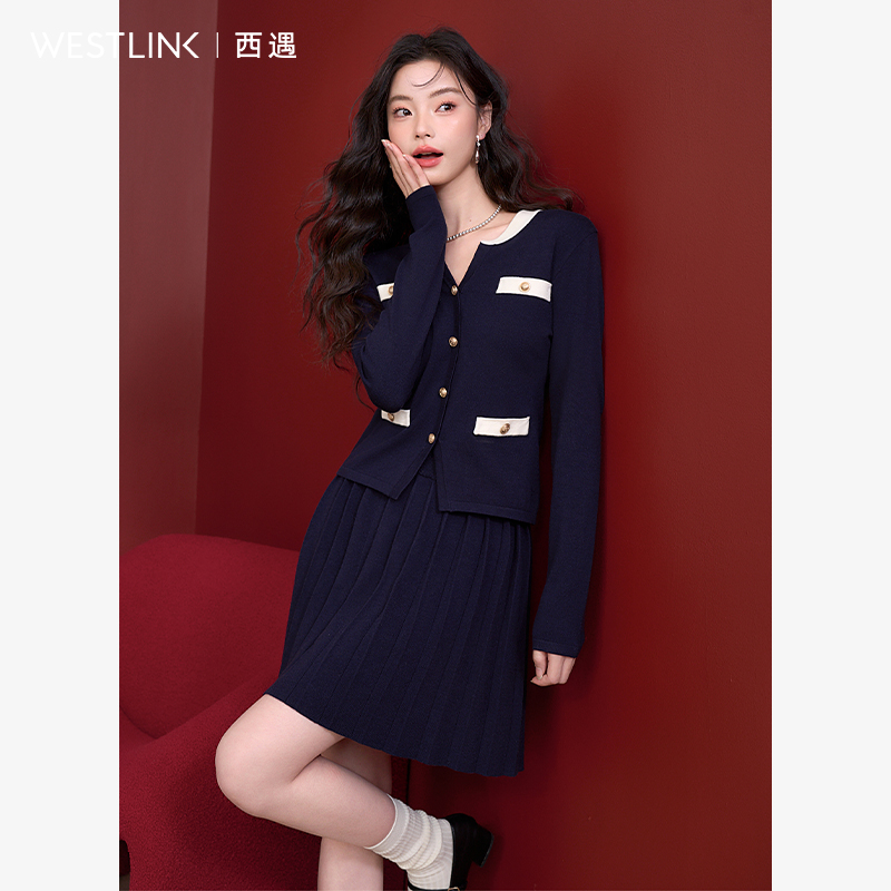 西遇气质优雅针织小香风套装女2025秋季撞色外套搭百褶裙两件套