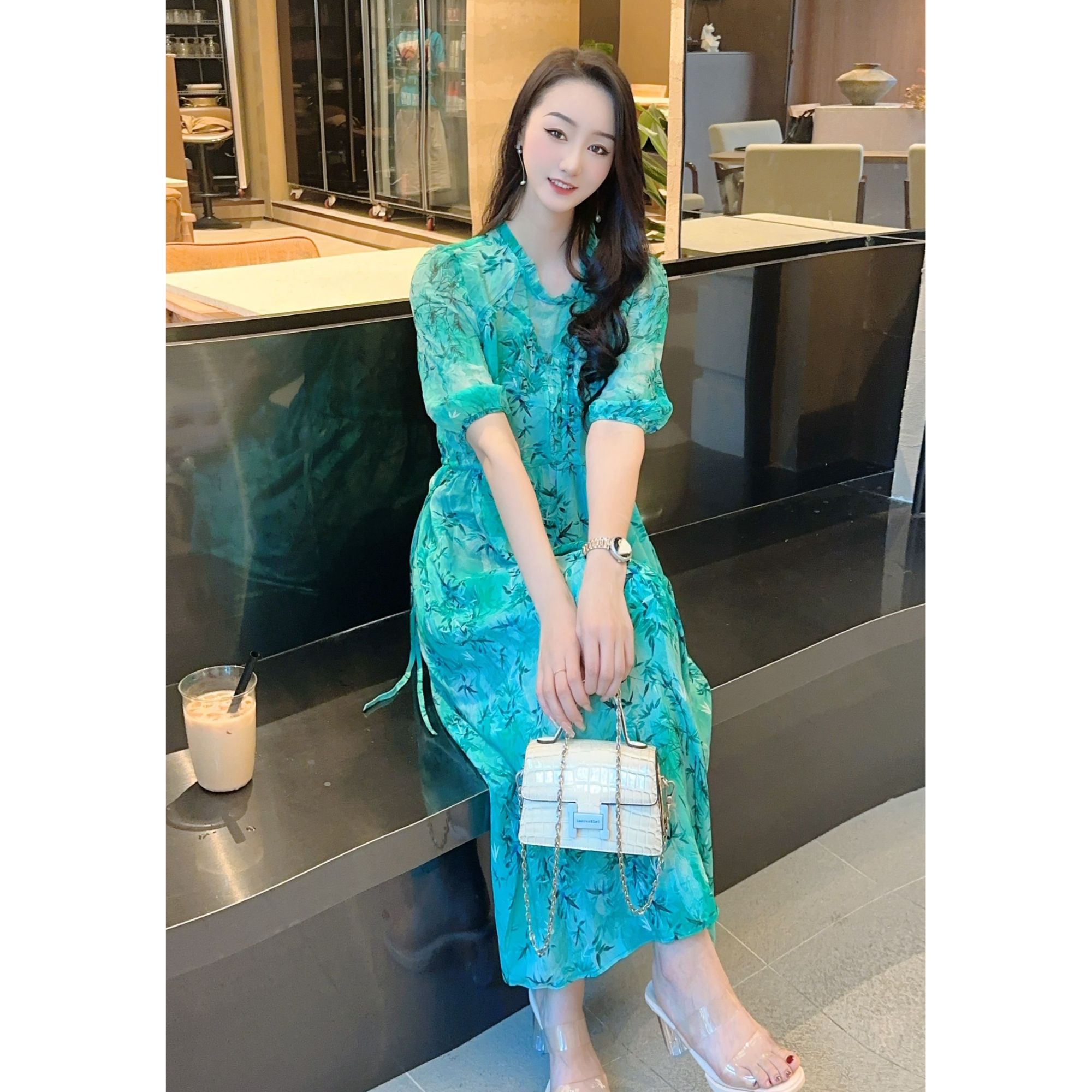 【2505 浮光竹影】25年新款绿色中长裙桑蚕丝印花连衣裙115长