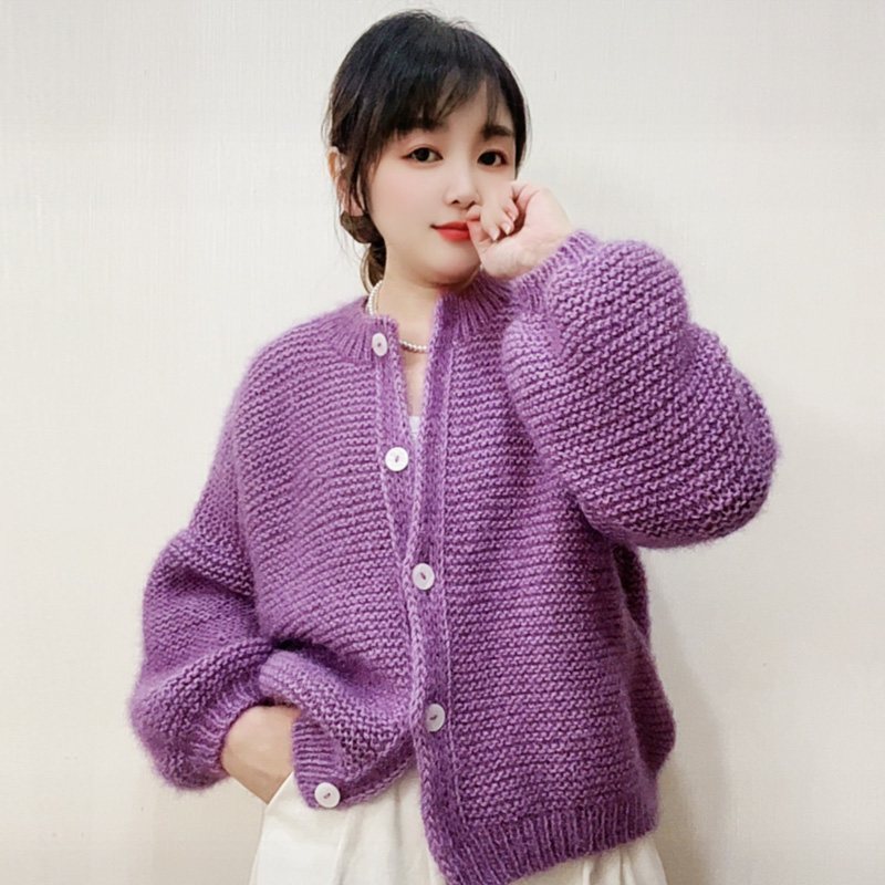 织（圆领搓板针开衫）星空凤羽线亮丝绒毛线中粗手编线手工编织