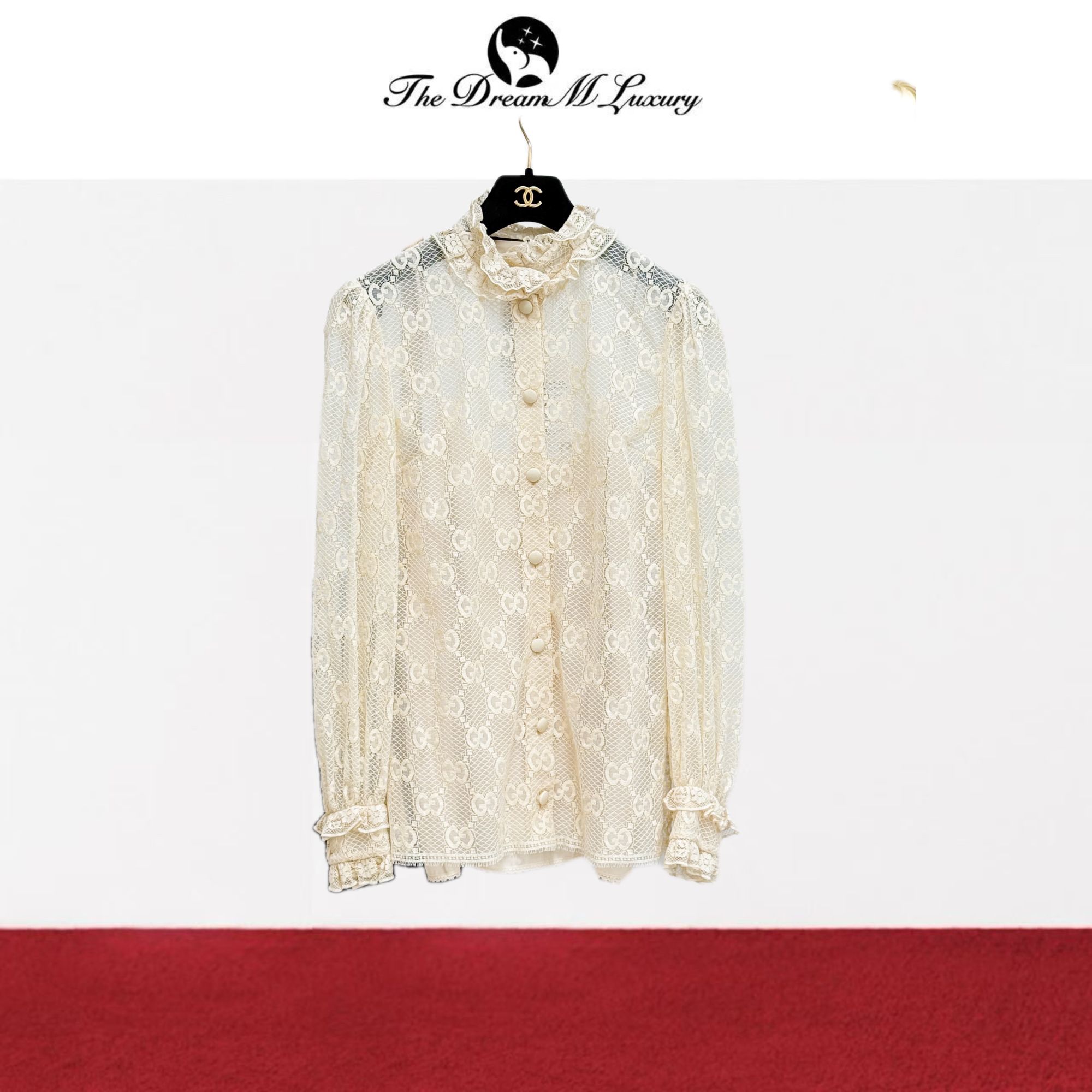 99新 GUCCI/古驰 38码米黄色宫廷风蕾丝长袖衬衫 