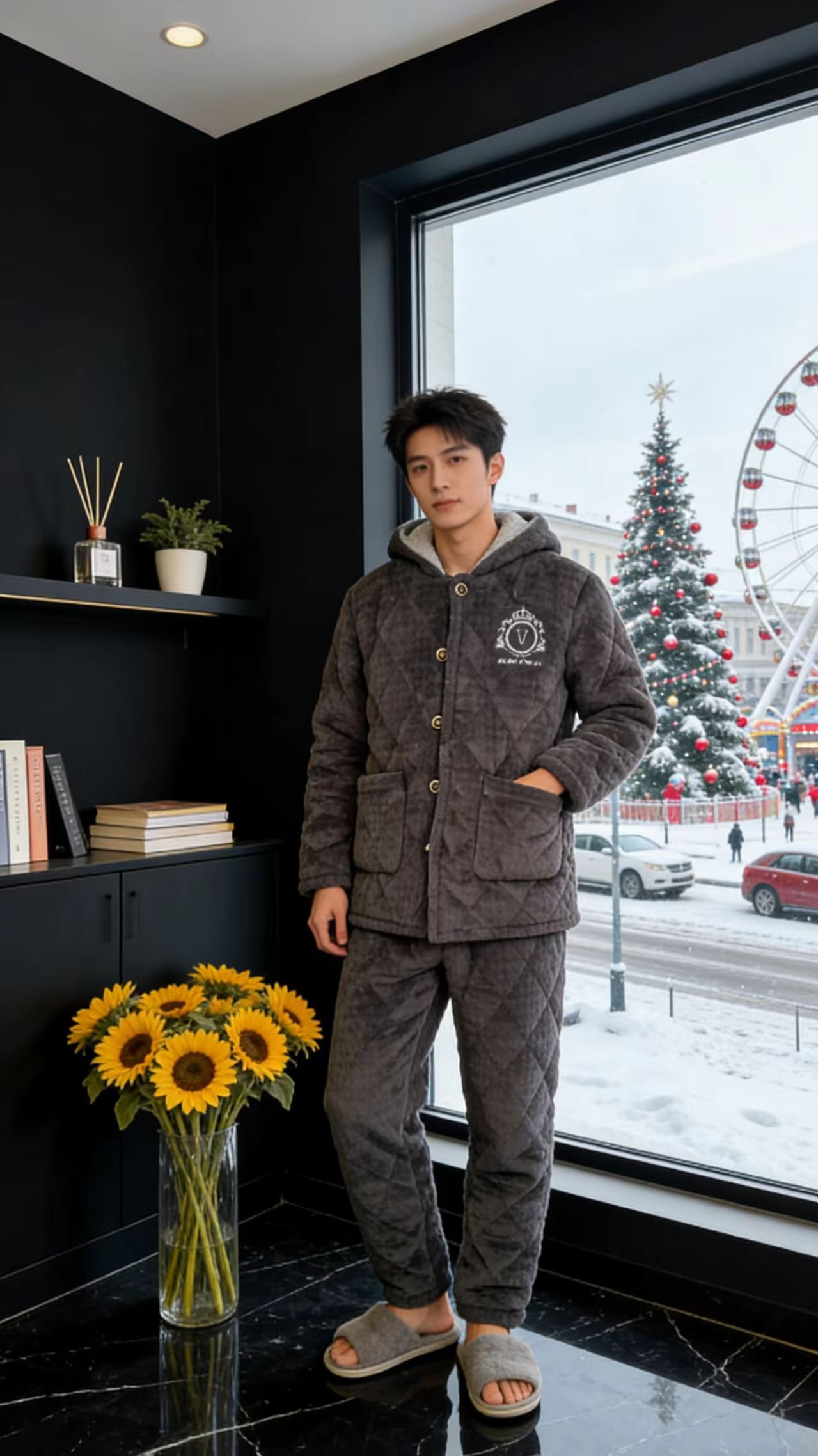 【0323咖V徽章】冬季男士睡衣套装加绒三层夹棉休闲保暖家居服连帽